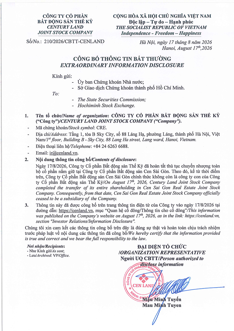 Th&ocirc;ng b&aacute;o ho&agrave;n tất thủ tục chuyển nhượng to&agrave;n bộ cổ phần nắm giữ tại C&ocirc;ng ty Cổ phần Bất động sản Cen S&agrave;i G&ograve;n